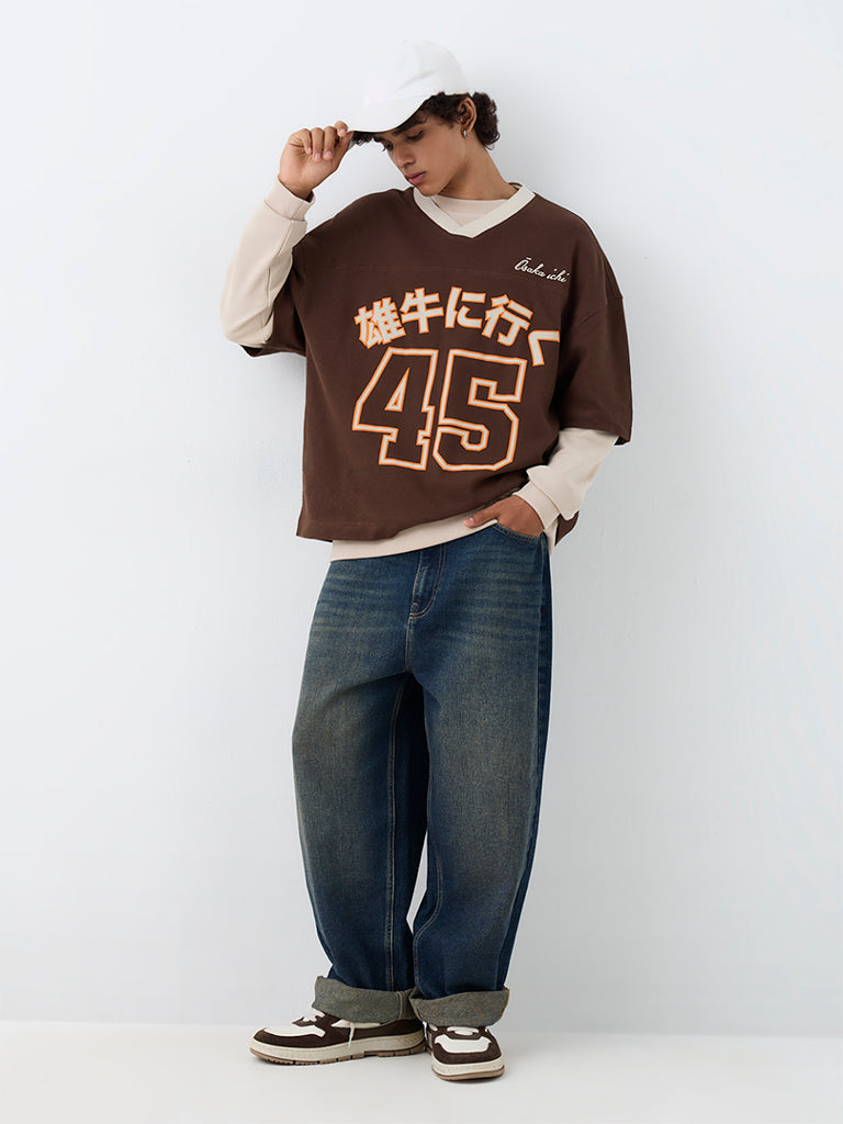 Nuon Brown Numerical Printed Oversized-Fit Cotton T-Shirt