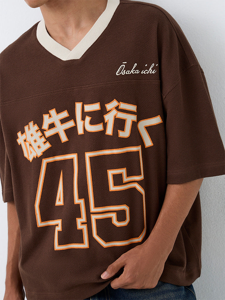 Nuon Brown Numerical Printed Oversized-Fit Cotton T-Shirt
