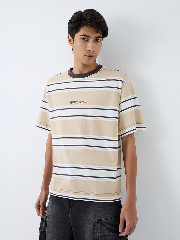 Nuon Beige Striped Relaxed-Fit Cotton T-Shirt