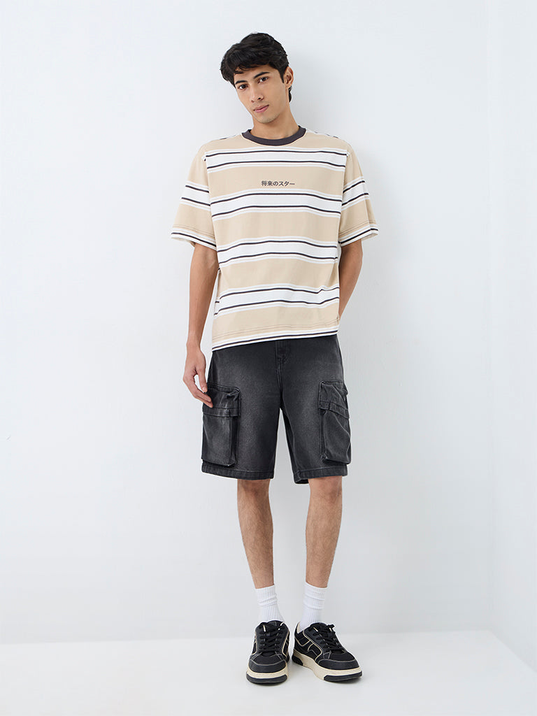 Nuon Beige Striped Relaxed-Fit Cotton T-Shirt