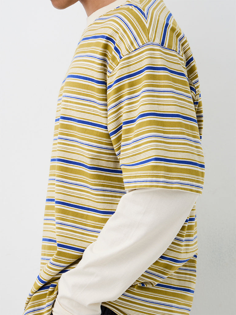 Nuon Light Mustard Striped Oversized-Fit Cotton T-Shirt