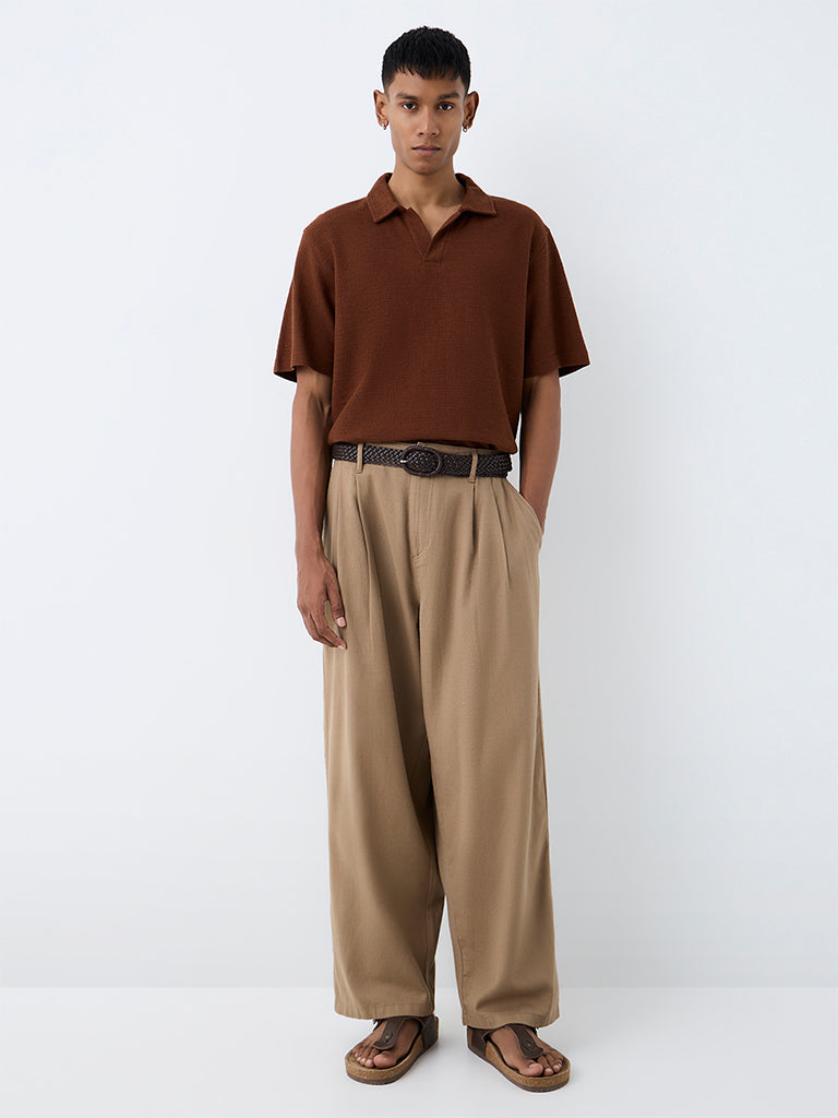 ETA Taupe Pleated Relaxed-Fit Mid-Rise Trousers