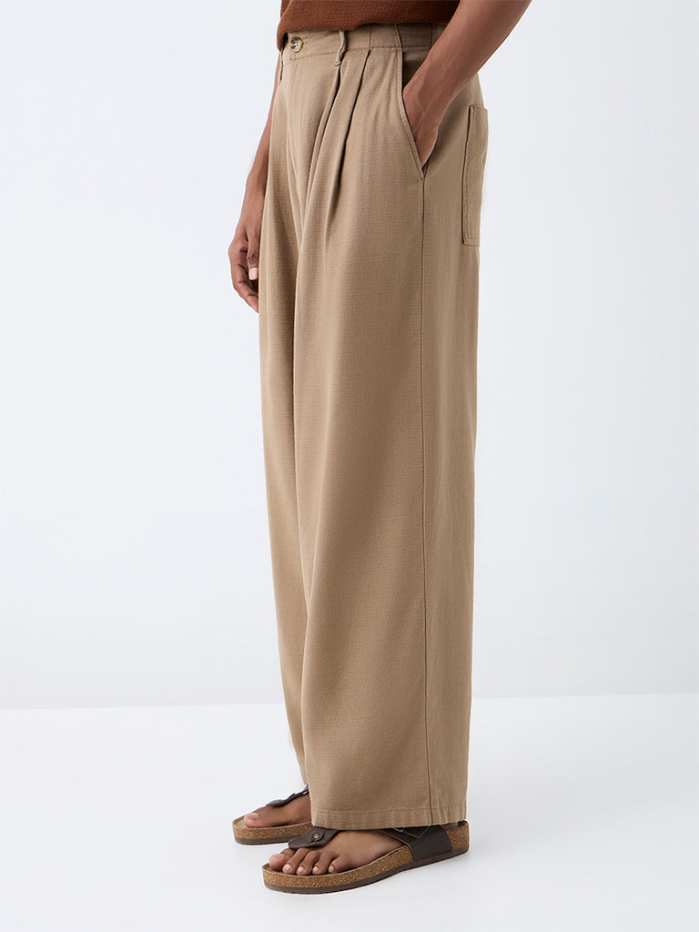 ETA Taupe Pleated Relaxed-Fit Mid-Rise Trousers