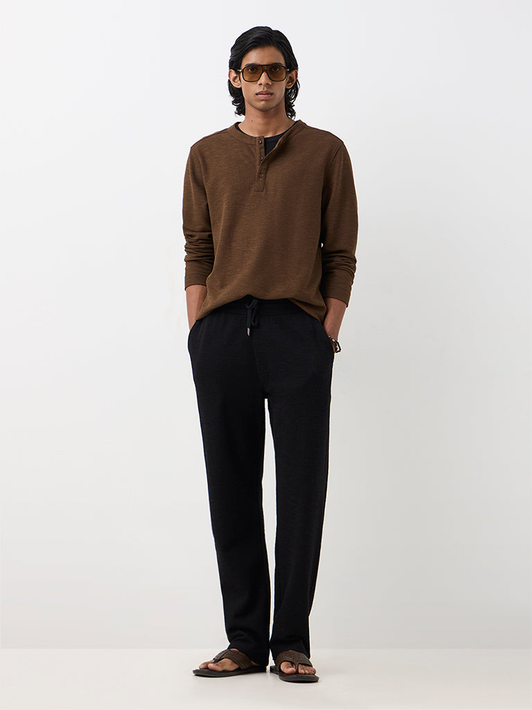 ETA Dark Brown Textured Relaxed-Fit Cotton-Blend Henley T-Shirt
