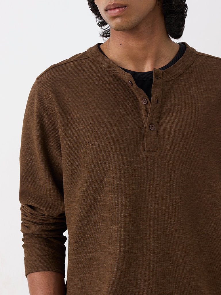 ETA Dark Brown Textured Relaxed-Fit Cotton-Blend Henley T-Shirt