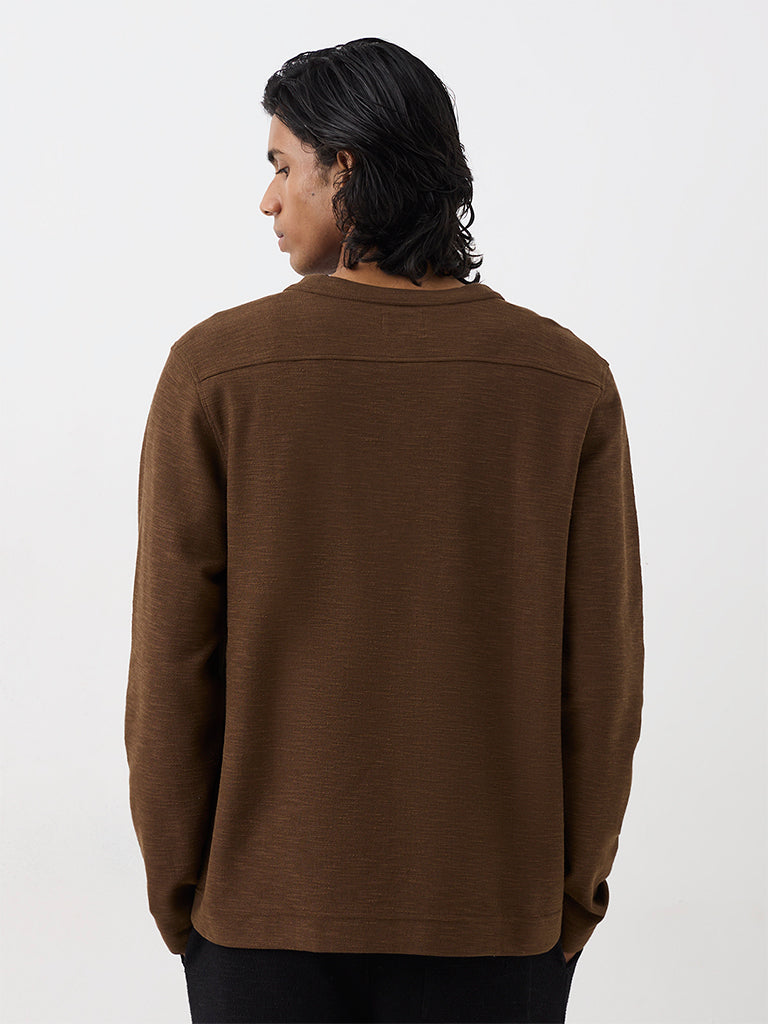 ETA Dark Brown Textured Relaxed-Fit Cotton-Blend Henley T-Shirt