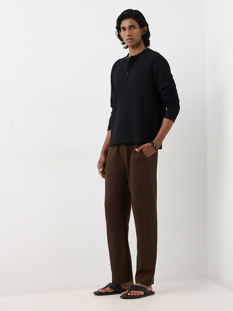 ETA Black Textured Relaxed-Fit Henley T-Shirt