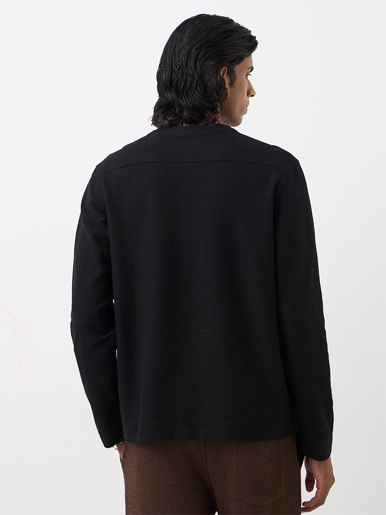 ETA Black Textured Relaxed-Fit Henley T-Shirt