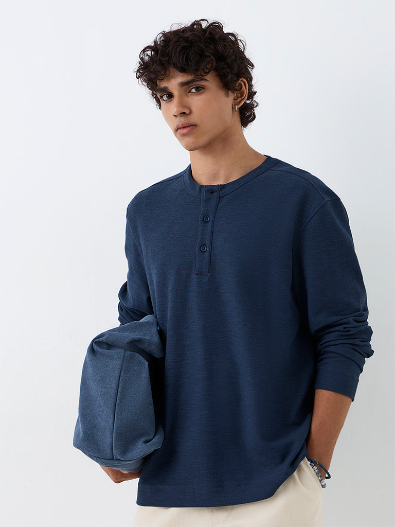 ETA Indigo Textured Relaxed-Fit Cotton-Blend Henley T-Shirt
