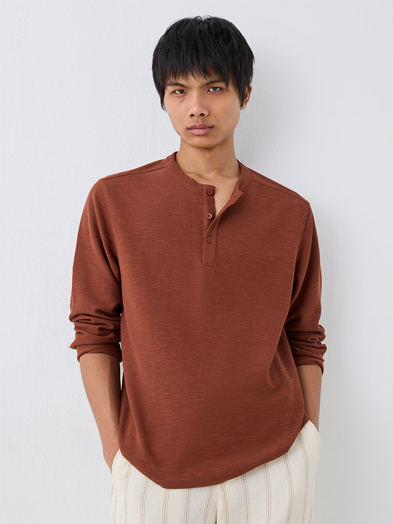 ETA Rust Textured Relaxed-Fit Henley Cotton-Blend T-Shirt