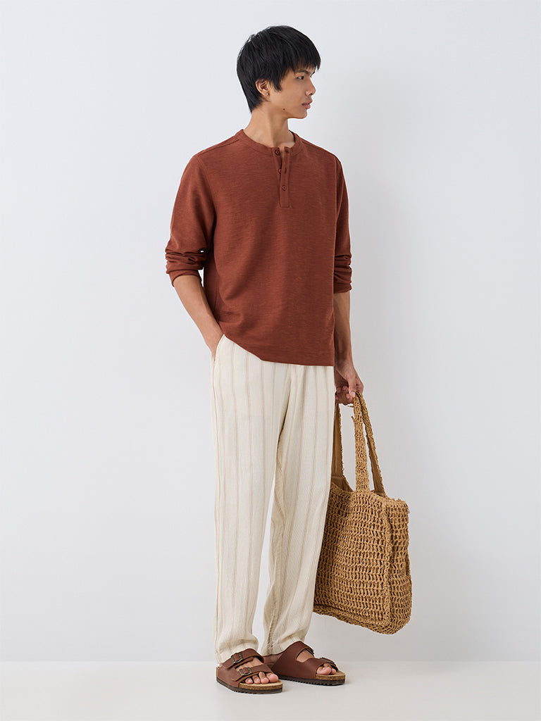 ETA Rust Textured Relaxed-Fit Henley Cotton-Blend T-Shirt