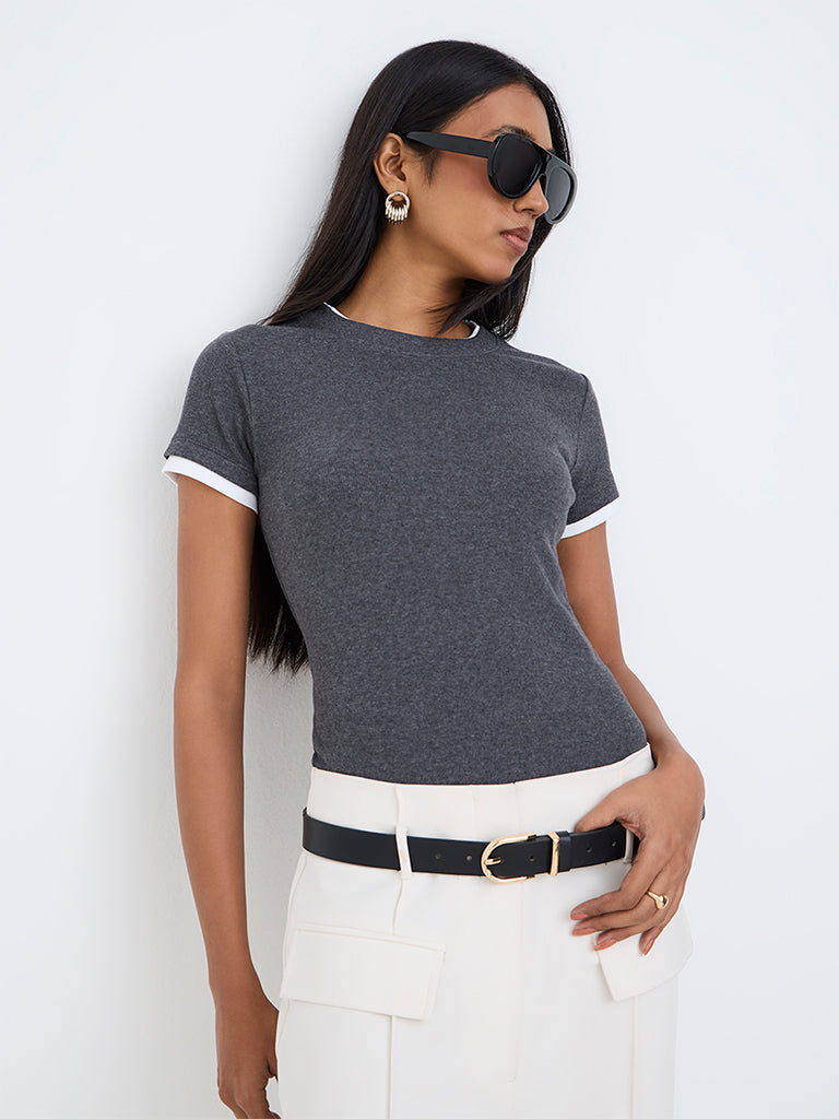 Wardrobe Dark Grey Contrast-Detail Cotton-Blend T-Shirt