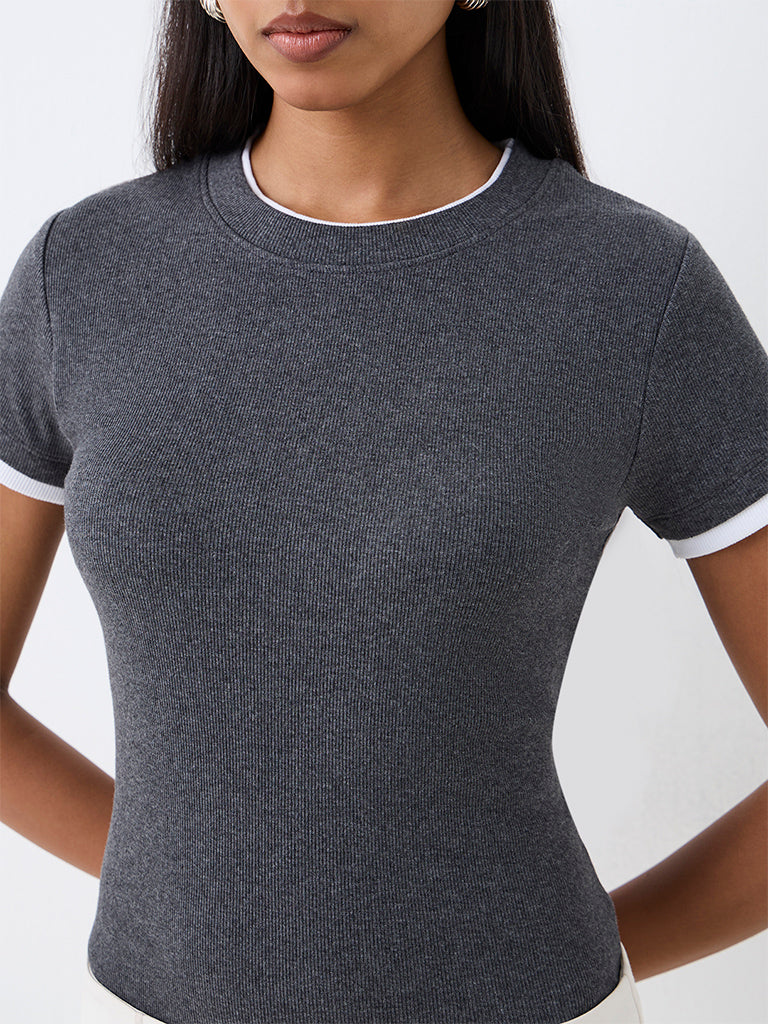 Wardrobe Dark Grey Contrast-Detail Cotton-Blend T-Shirt