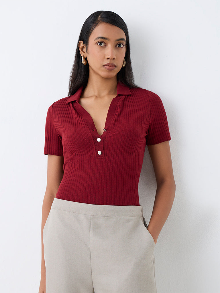 Wardrobe Red Ribbed Cotton-Blend T-Shirt