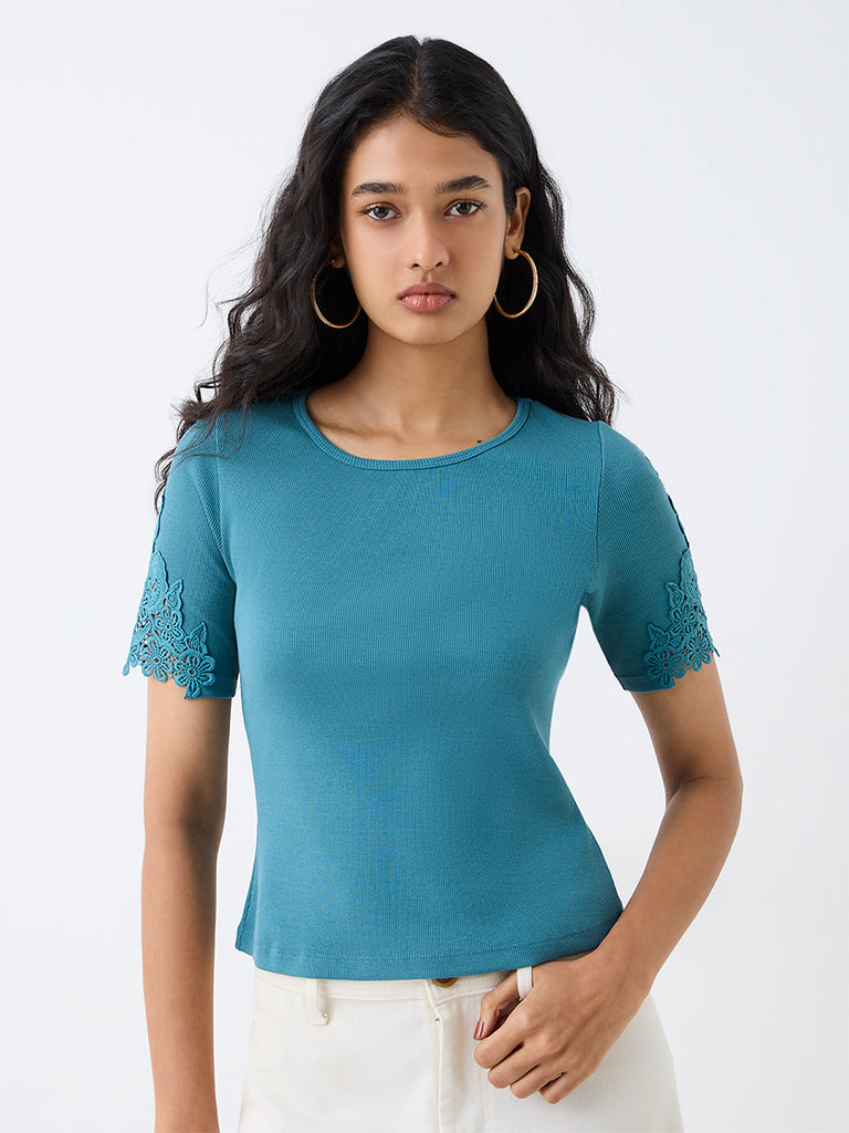 LOV Teal Lace-Detailed Cotton Top