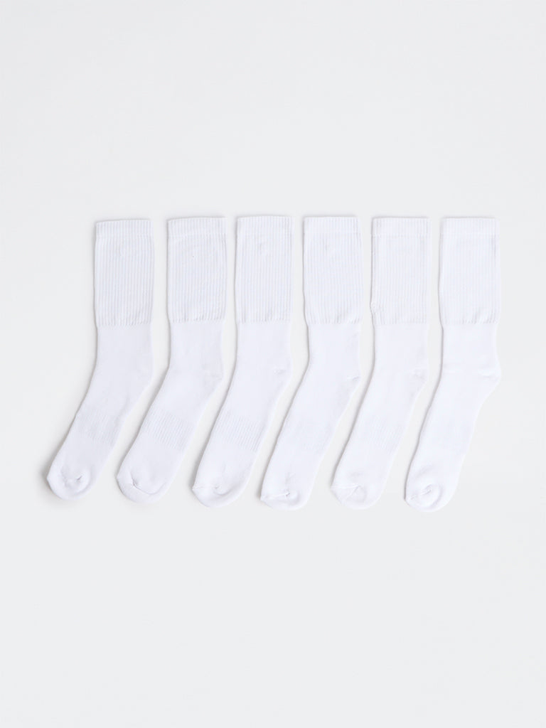 WES Lounge White Solid Ribbed-Textured Cotton-Blend Socks - Pack of 3