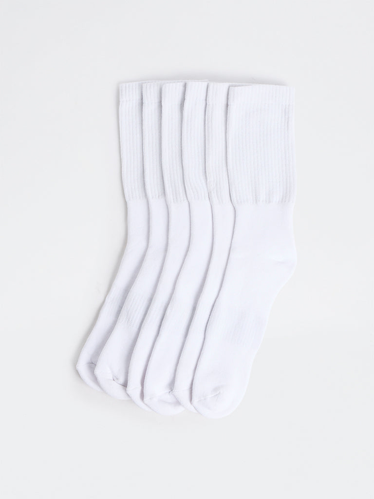 WES Lounge White Solid Ribbed-Textured Cotton-Blend Socks - Pack of 3
