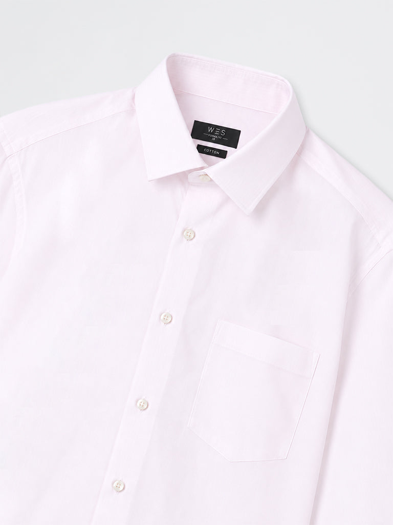WES Formals Light Pink Solid Slim-Fit Cotton Shirt