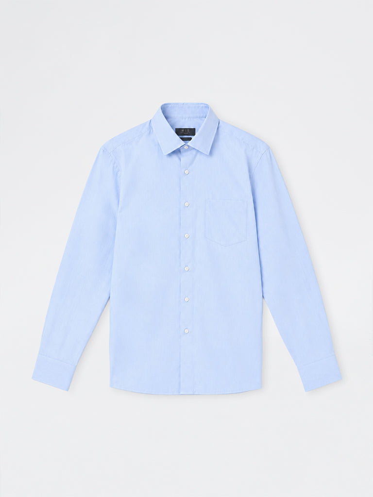 WES Formals Light Blue Solid Slim-Fit Cotton Shirt