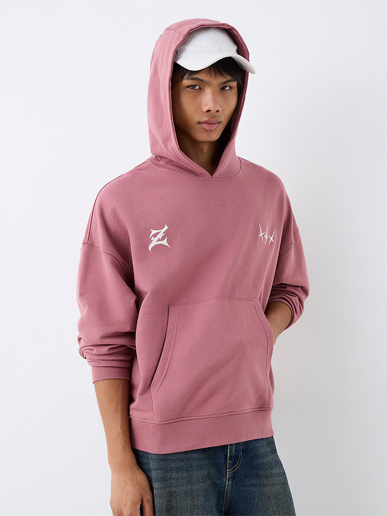 Nuon Dusty Pink Text Design Oversized-Fit Cotton Hooded Hoodie