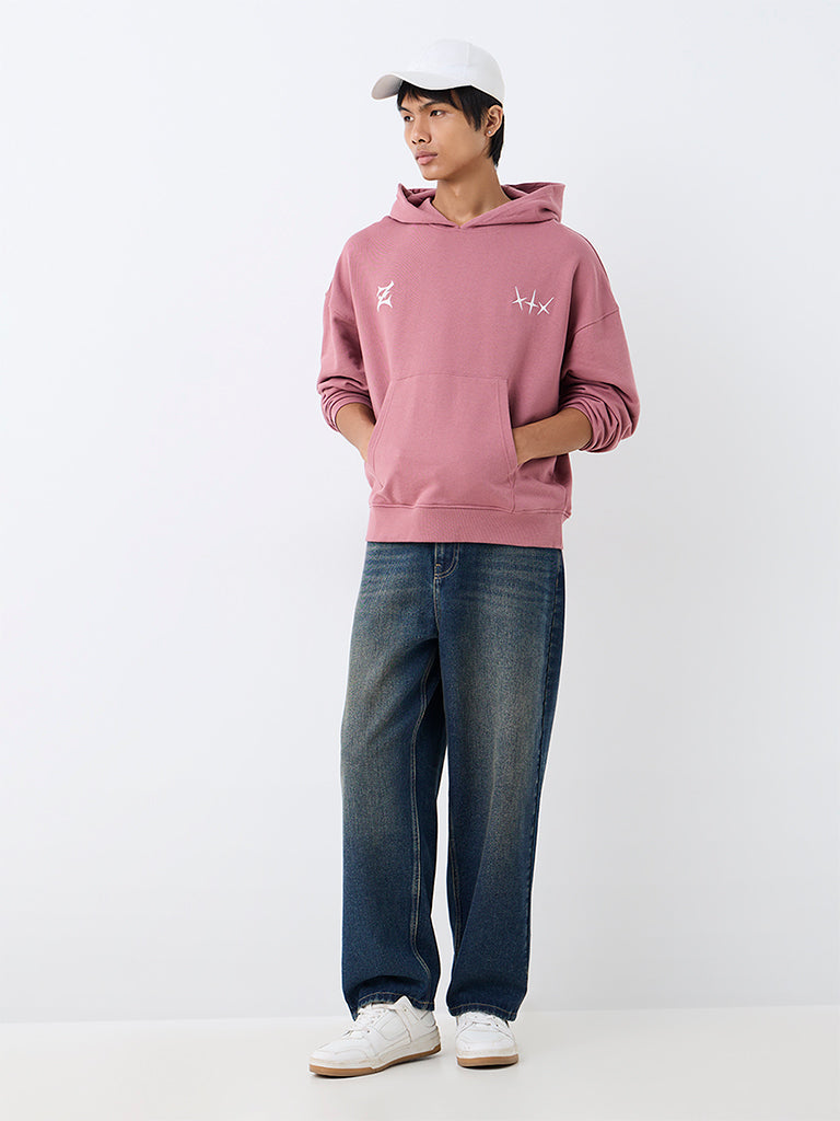 Nuon Dusty Pink Text Design Oversized-Fit Cotton Hooded Hoodie