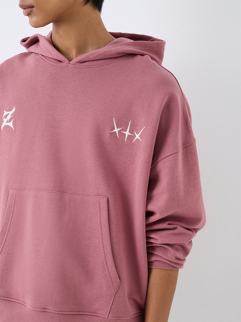 Nuon Dusty Pink Text Design Oversized-Fit Cotton Hooded Hoodie