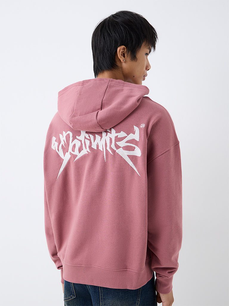 Nuon Dusty Pink Text Design Oversized-Fit Cotton Hooded Hoodie