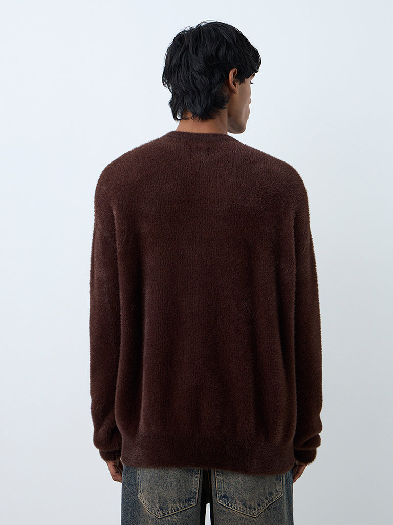 Nuon Dark Brown Text Printed Fuzzy-Textured Relaxed-Fit Cotton Sweater