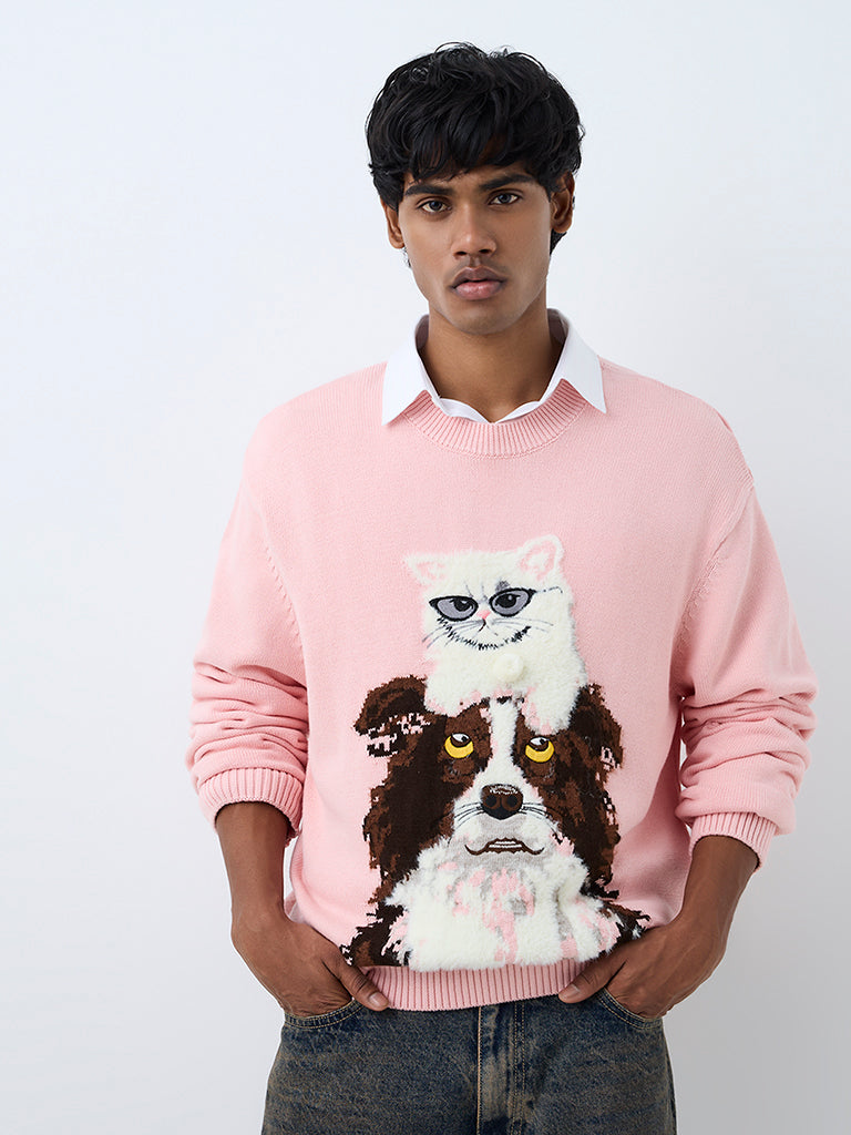 Nuon Light Pink Animal Design Knitted Oversized-Fit Cotton Sweater