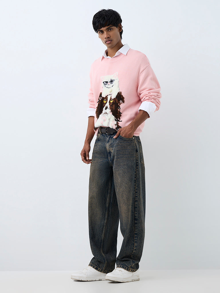 Nuon Light Pink Animal Design Knitted Oversized-Fit Cotton Sweater