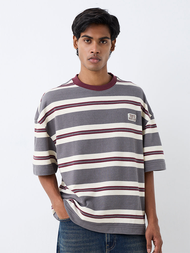 Nuon Charcoal Striped Oversized-Fit  Cotton T-Shirt