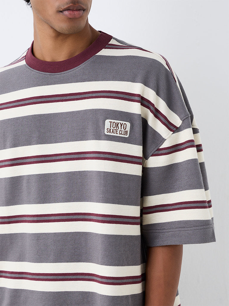 Nuon Charcoal Striped Oversized-Fit  Cotton T-Shirt