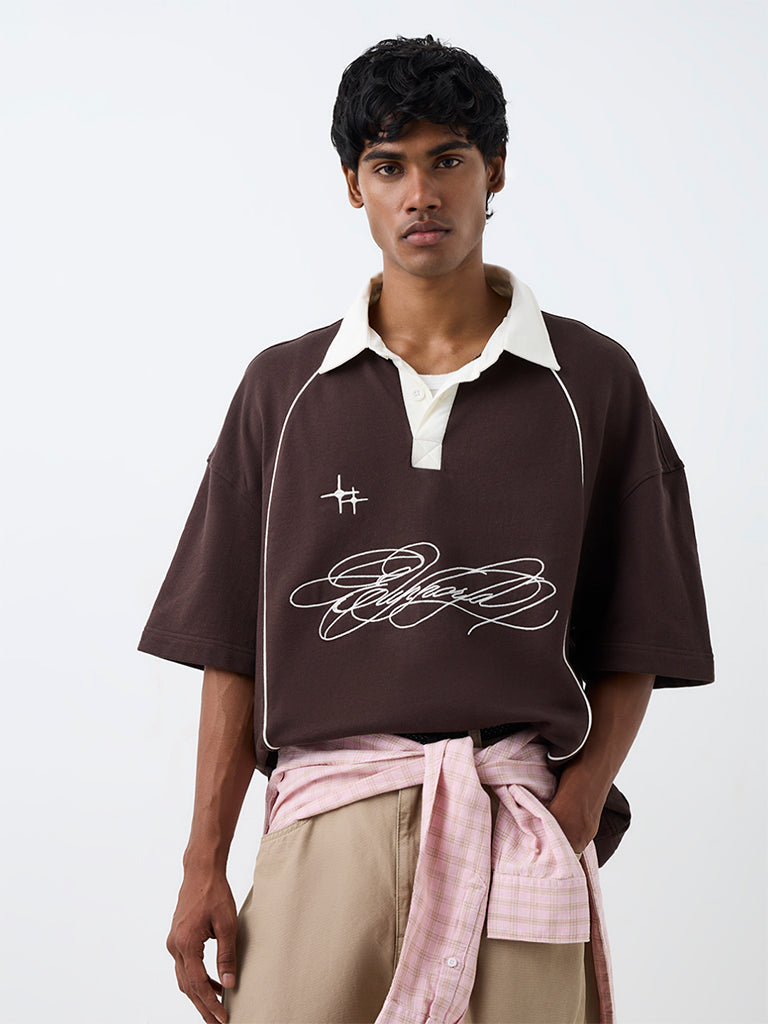 Nuon Brown Text Design Oversized-Fit Cotton Polo T-Shirt