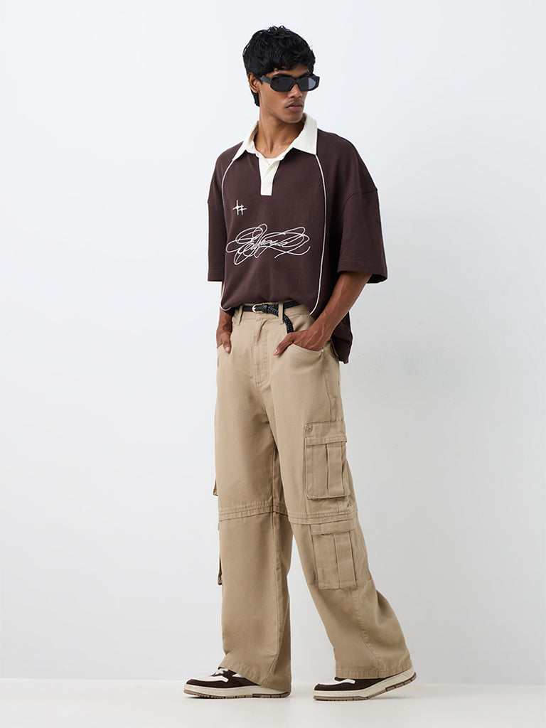 Nuon Brown Text Design Oversized-Fit Cotton Polo T-Shirt