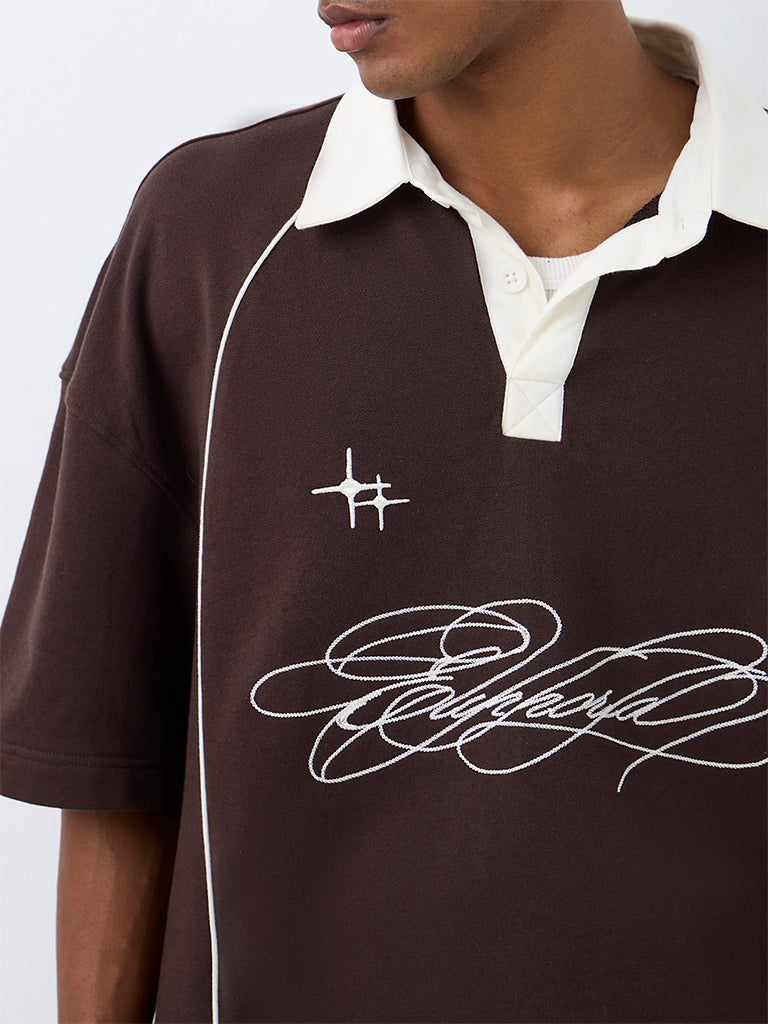 Nuon Brown Text Design Oversized-Fit Cotton Polo T-Shirt