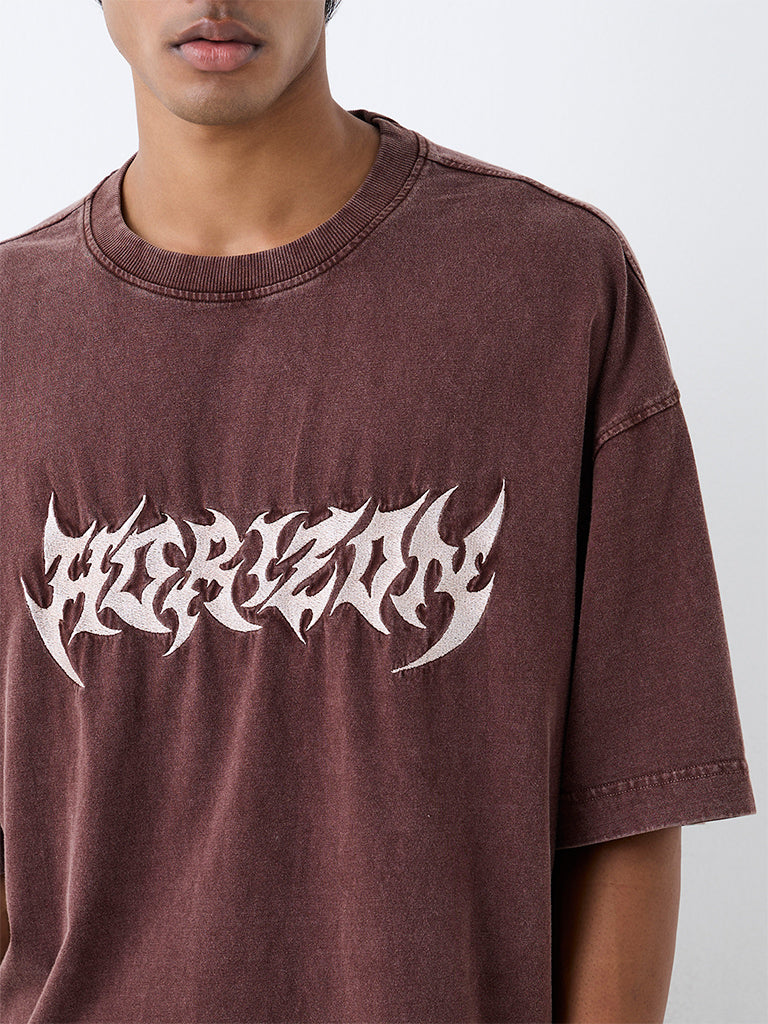 Nuon Dark Brown Text Design Oversized-Fit Cotton T-Shirt