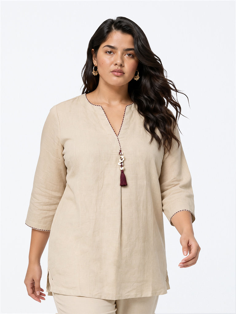 Diza Beige Tassel-Detail Linen Tunic