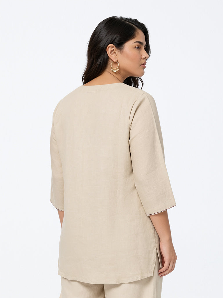 Diza Beige Tassel-Detail Linen Tunic
