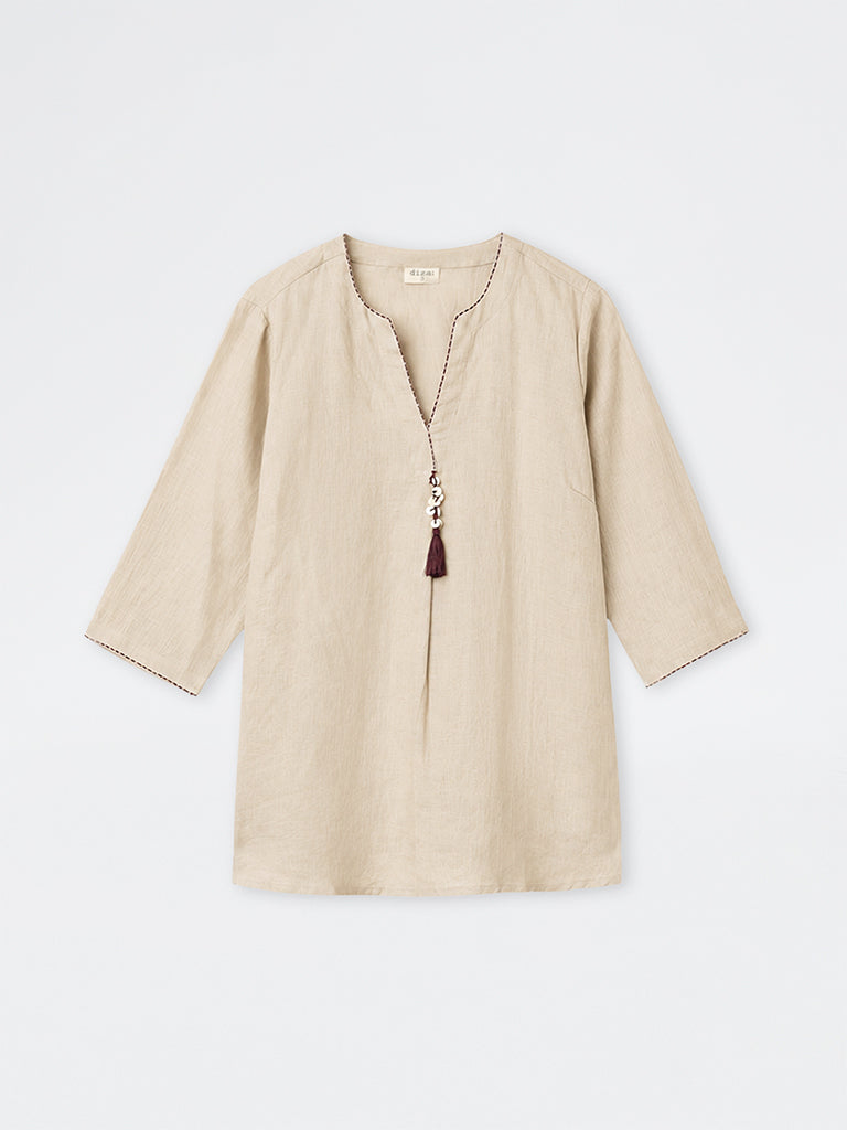 Diza Beige Tassel-Detail Linen Tunic
