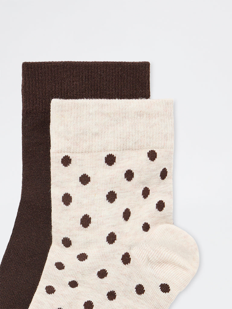 Wunderlove Dark Brown Polka Dotted Cotton-Blend Ankle Socks - Pack of 2