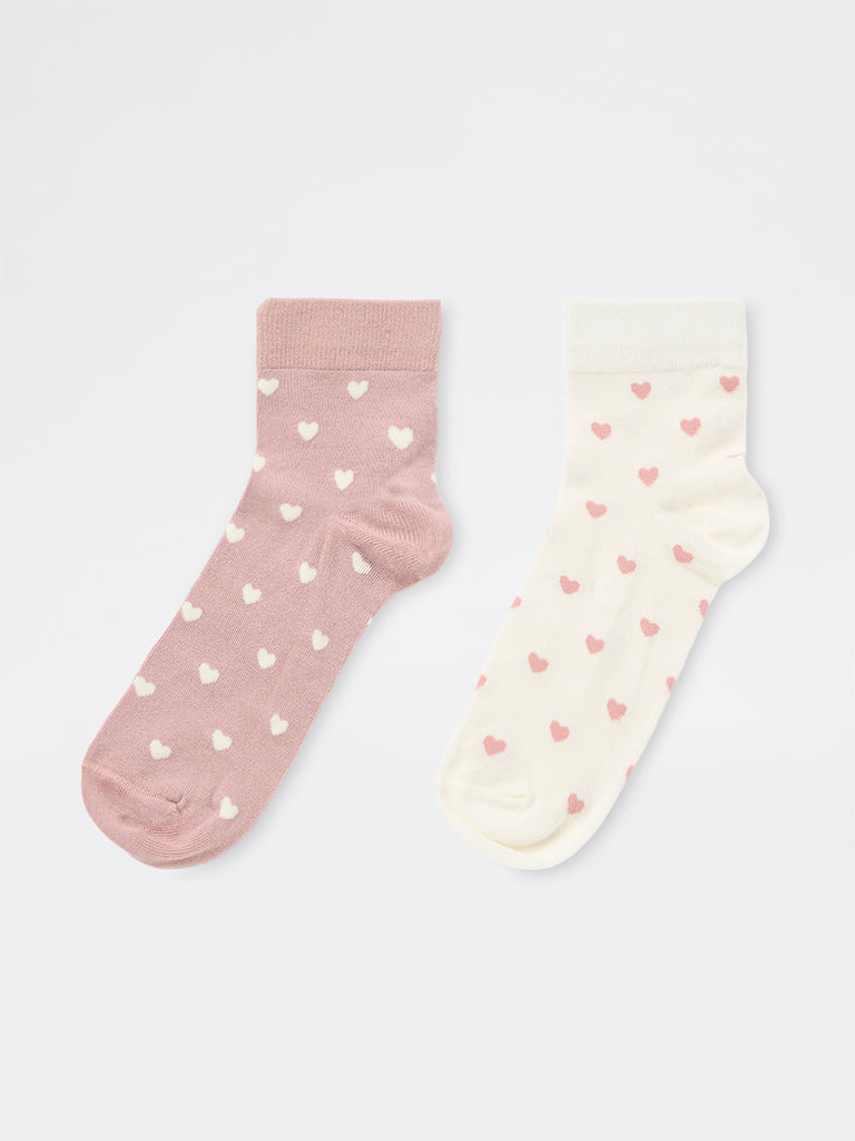 Wunderlove Dusty Pink Heart Pattern Cotton-Blend Ankle Socks - Pack of 2