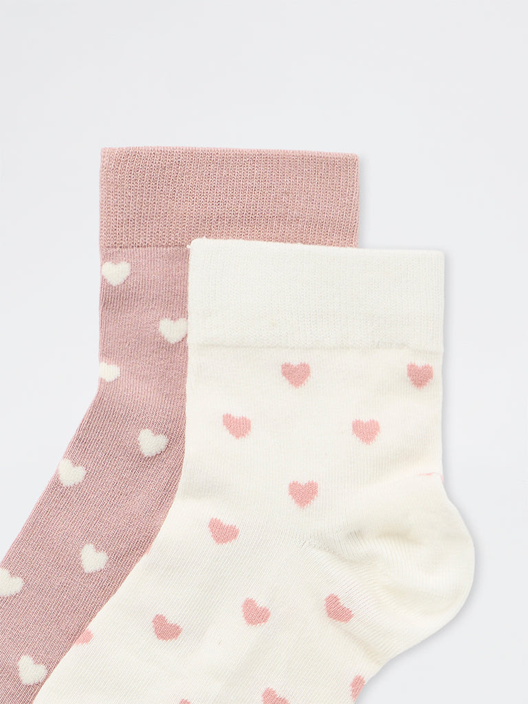 Wunderlove Dusty Pink Heart Pattern Cotton-Blend Ankle Socks - Pack of 2