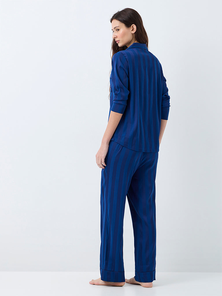 Wunderlove Dark Blue Striped Shirt and Pyjama Sets