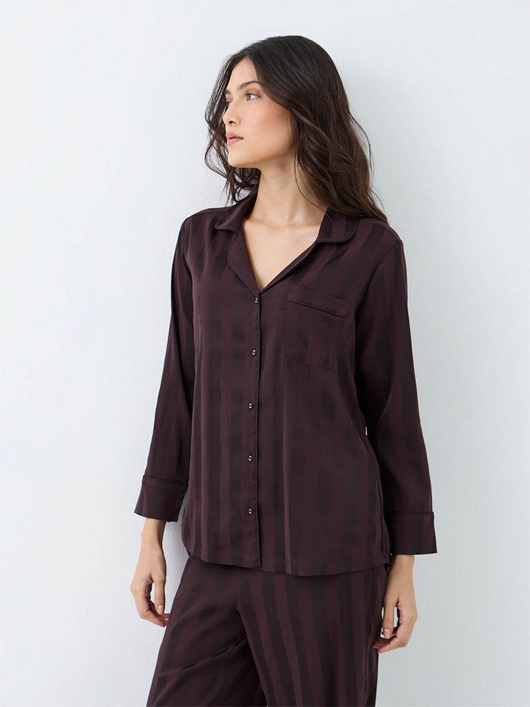 Wunderlove Dark Brown Striped Shirt and Pyjama Set