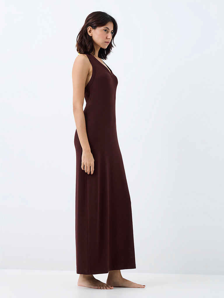Superstar Dark Brown Ribbed-Textured Maxi Dress