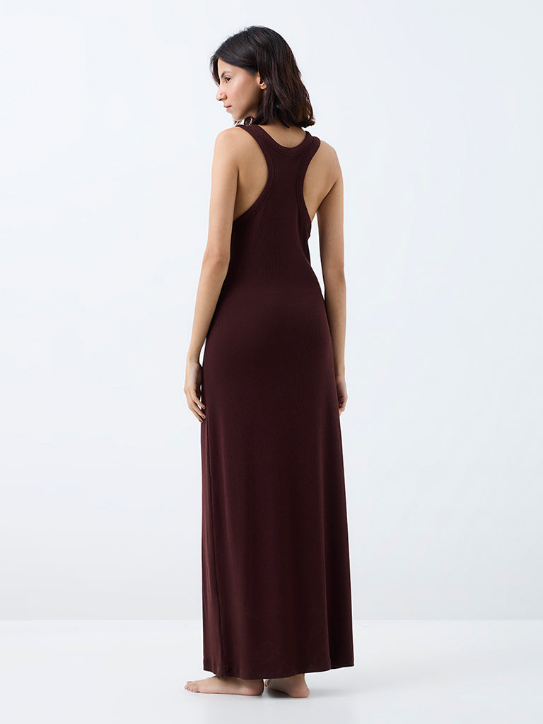 Superstar Dark Brown Ribbed-Textured Maxi Dress