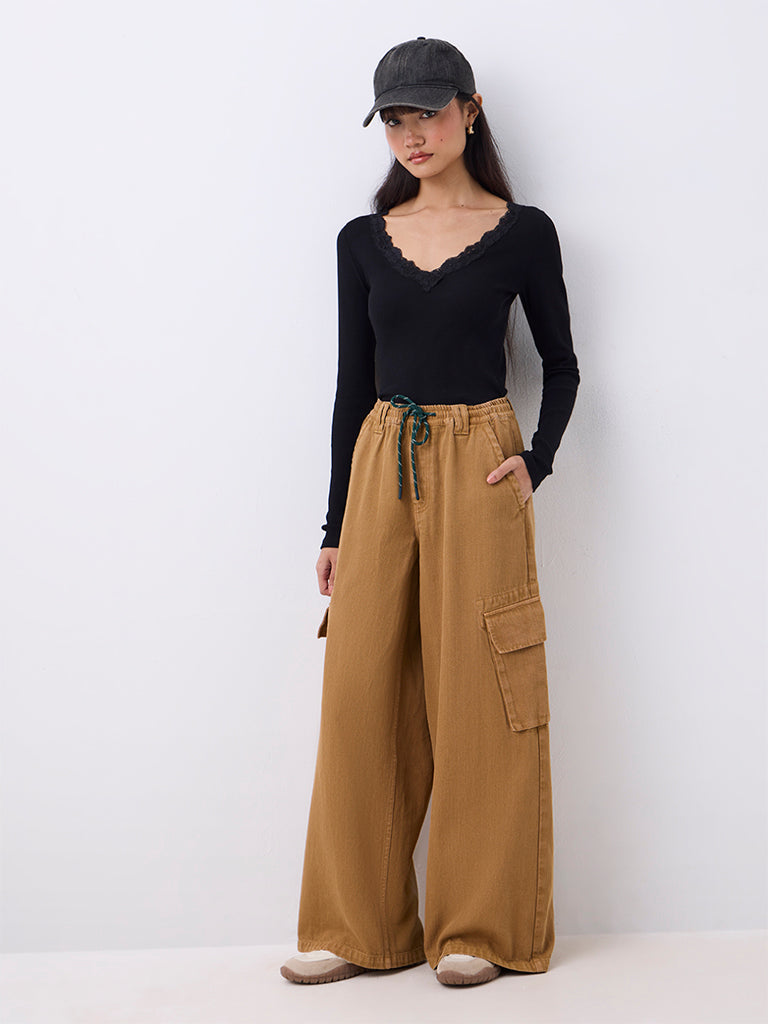 Nuon Mustard Cargo-Style High-Rise Cotton Trousers