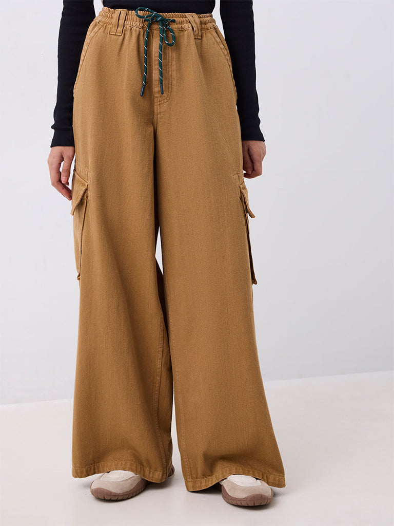 Nuon Mustard Cargo-Style High-Rise Cotton Trousers