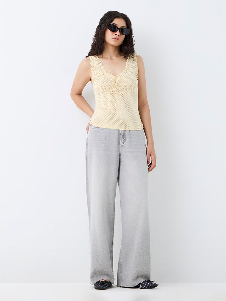 Nuon Yellow Polka Dot Printed Cotton-Blend Top