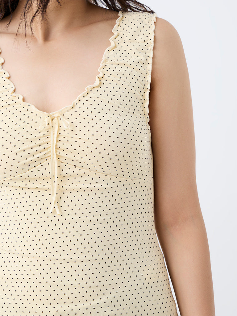 Nuon Yellow Polka Dot Printed Cotton-Blend Top